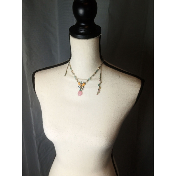 Necklace Multicolor Stones on a Silver Chain with Multicolor Butterfly Pendant - Picture 1 of 4